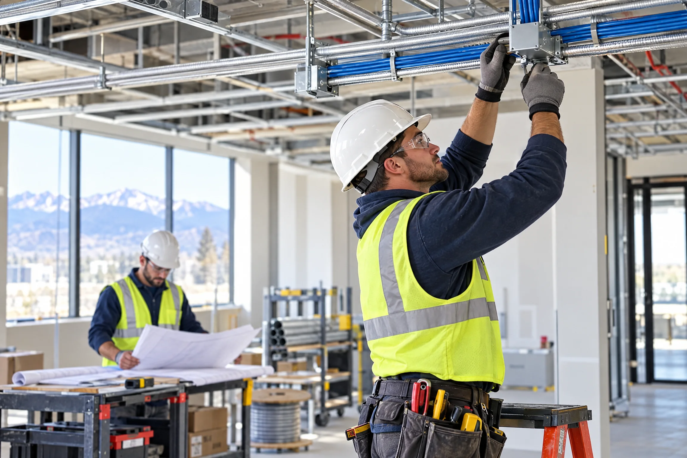 Commercial tenant-improvement space with electrical rough-in underway
