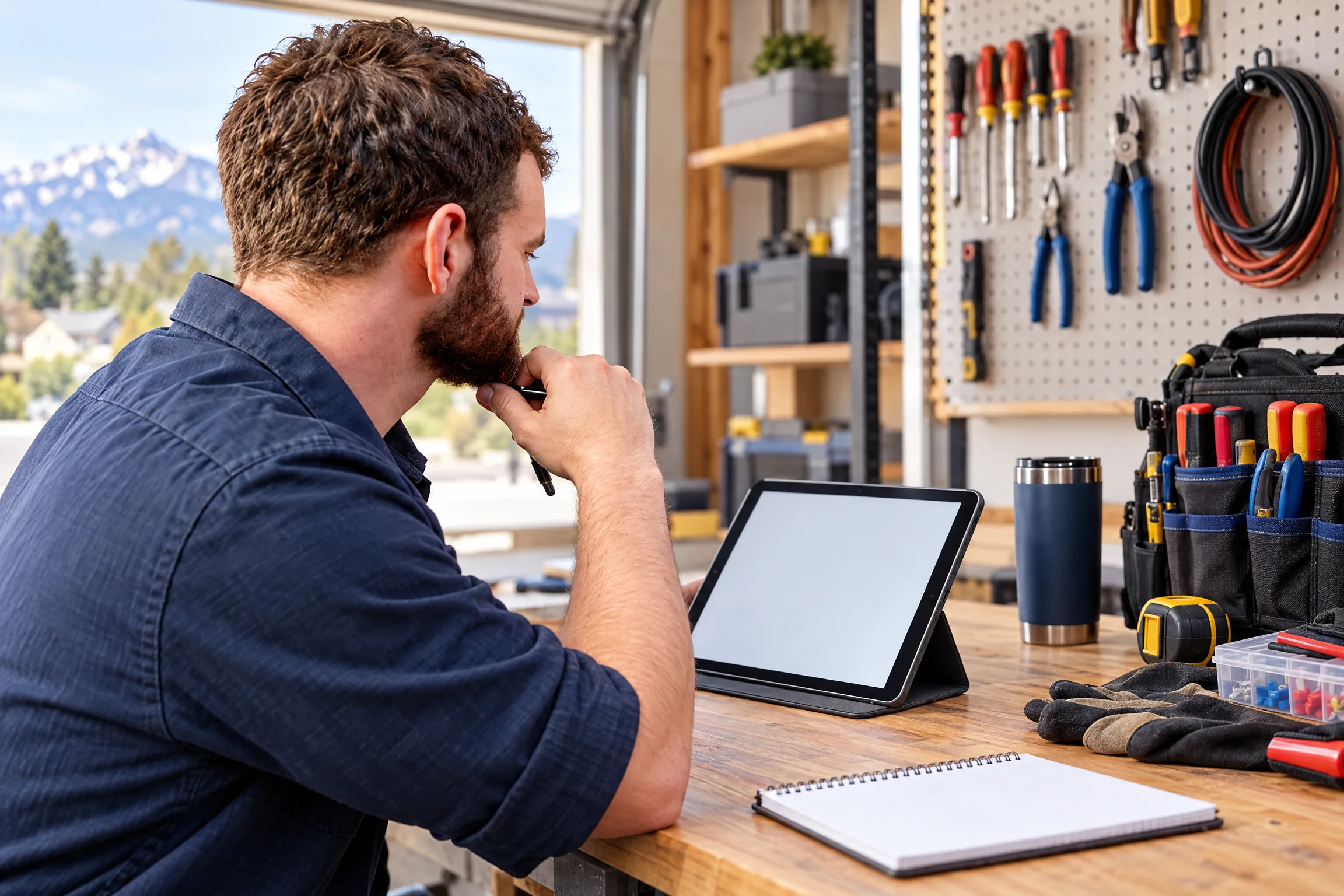 Electrical contractor reviewing a service request before a property visit