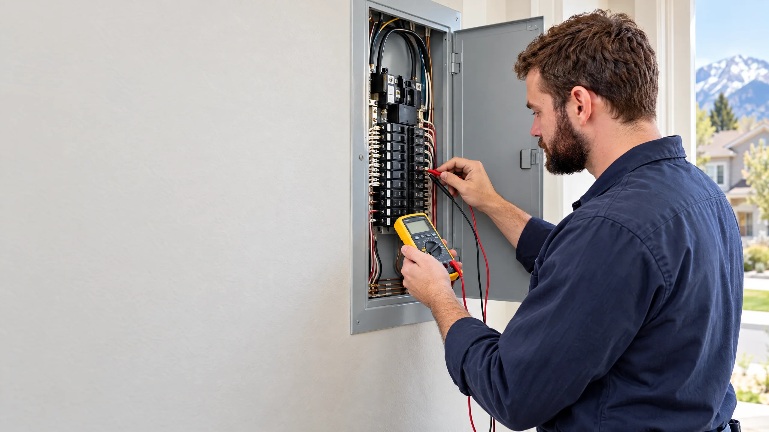 Electrician examining a residential electrical panel during a repair visit