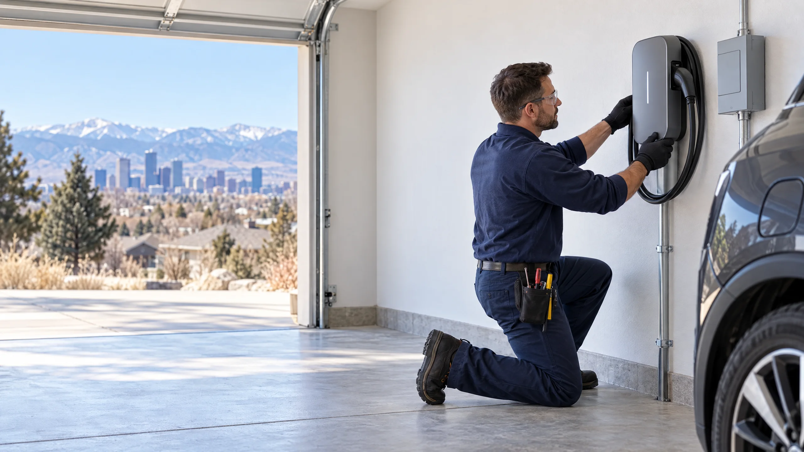 Electrician installing a home EV charger in a residential garage