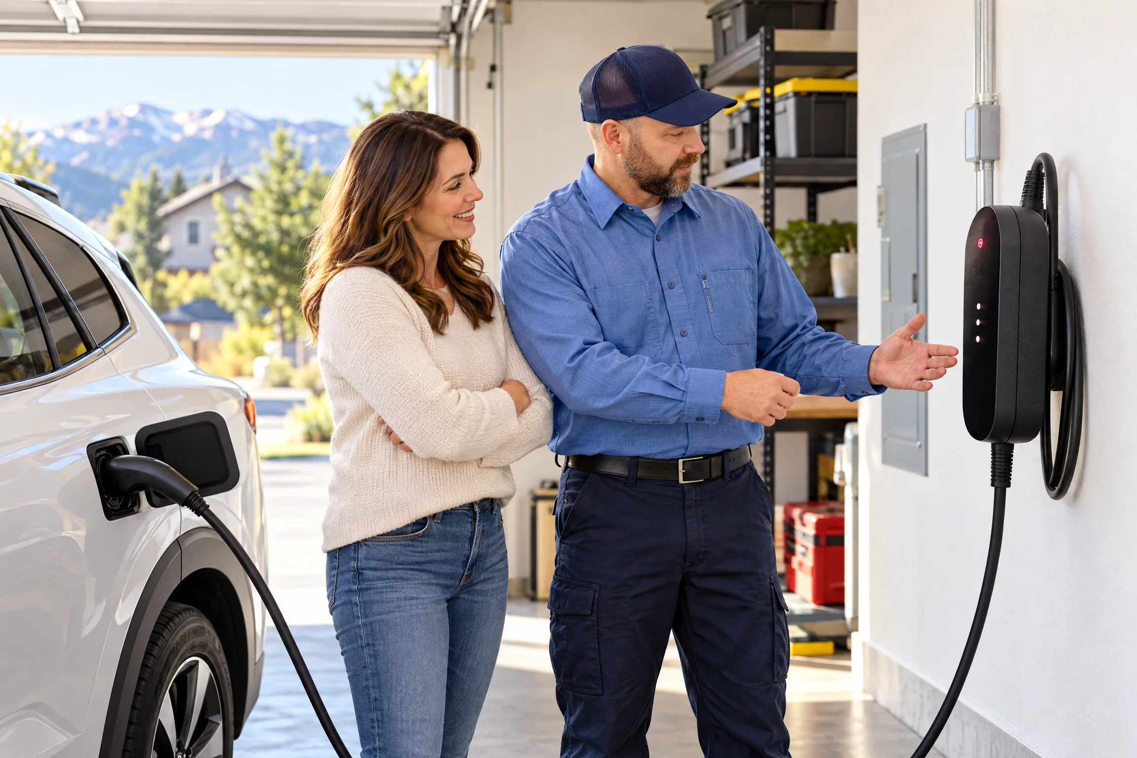 Electric vehicle charging beside a detached home in Colorado